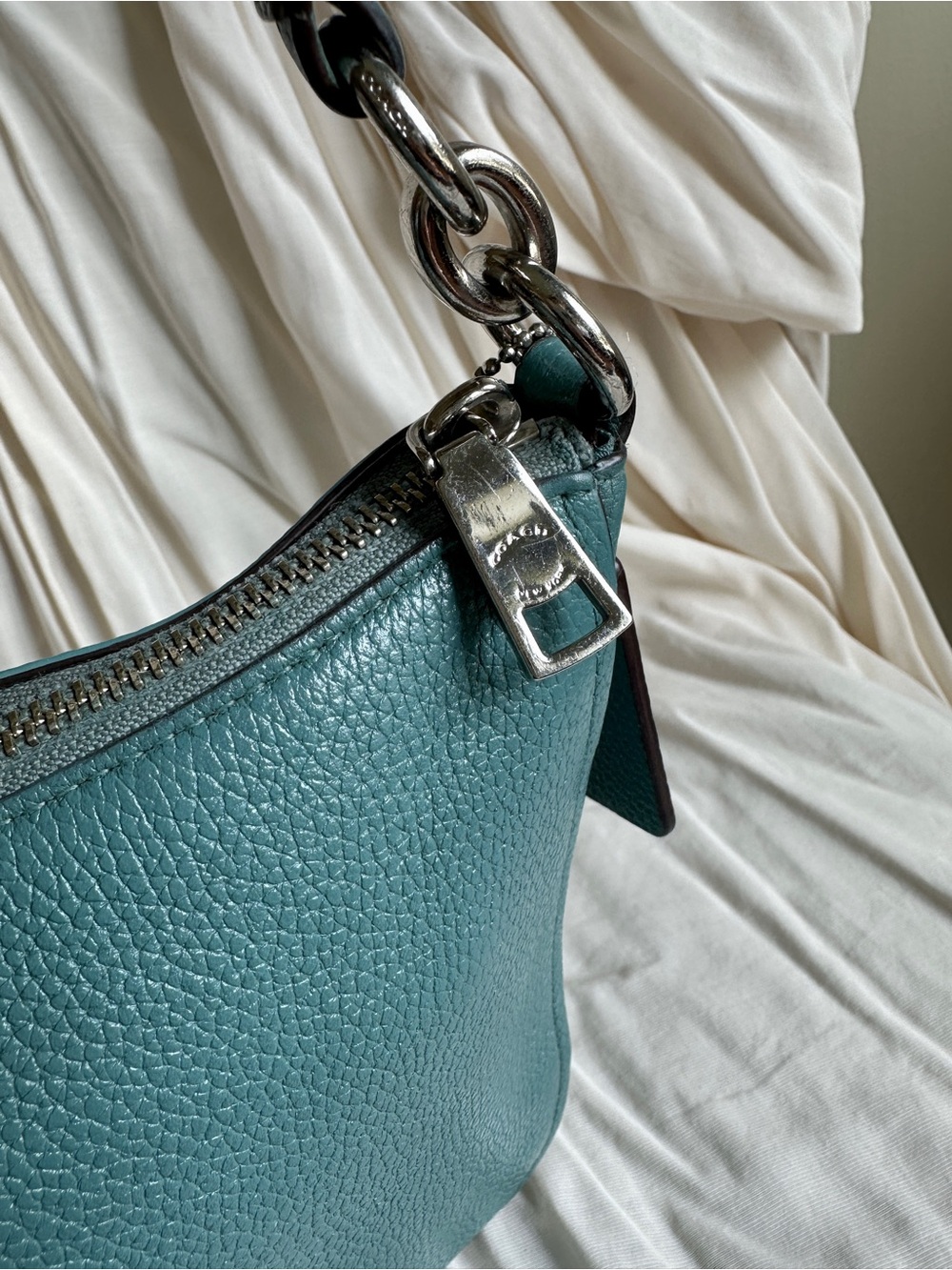 Coach Teal Pebbled Leather Shoulder Bag with Silver Hardware - Picture 8 of 16